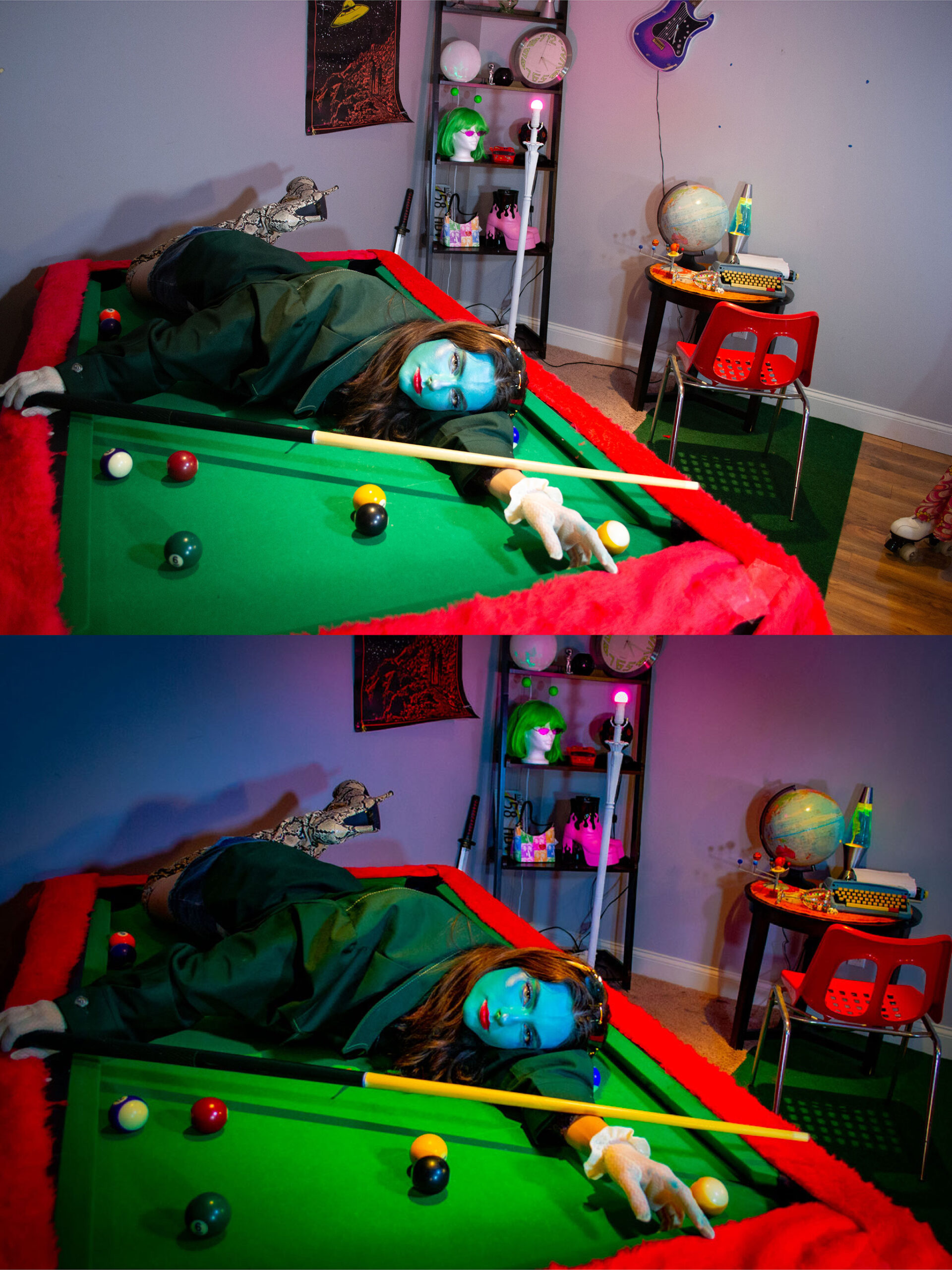 Side by side image comparison of a picture of a girl painted blue laying on a pool table in a colorful room. One of the images is unedited and bland and over exposed. The other is edited, cropped, and colors have been enhanced.