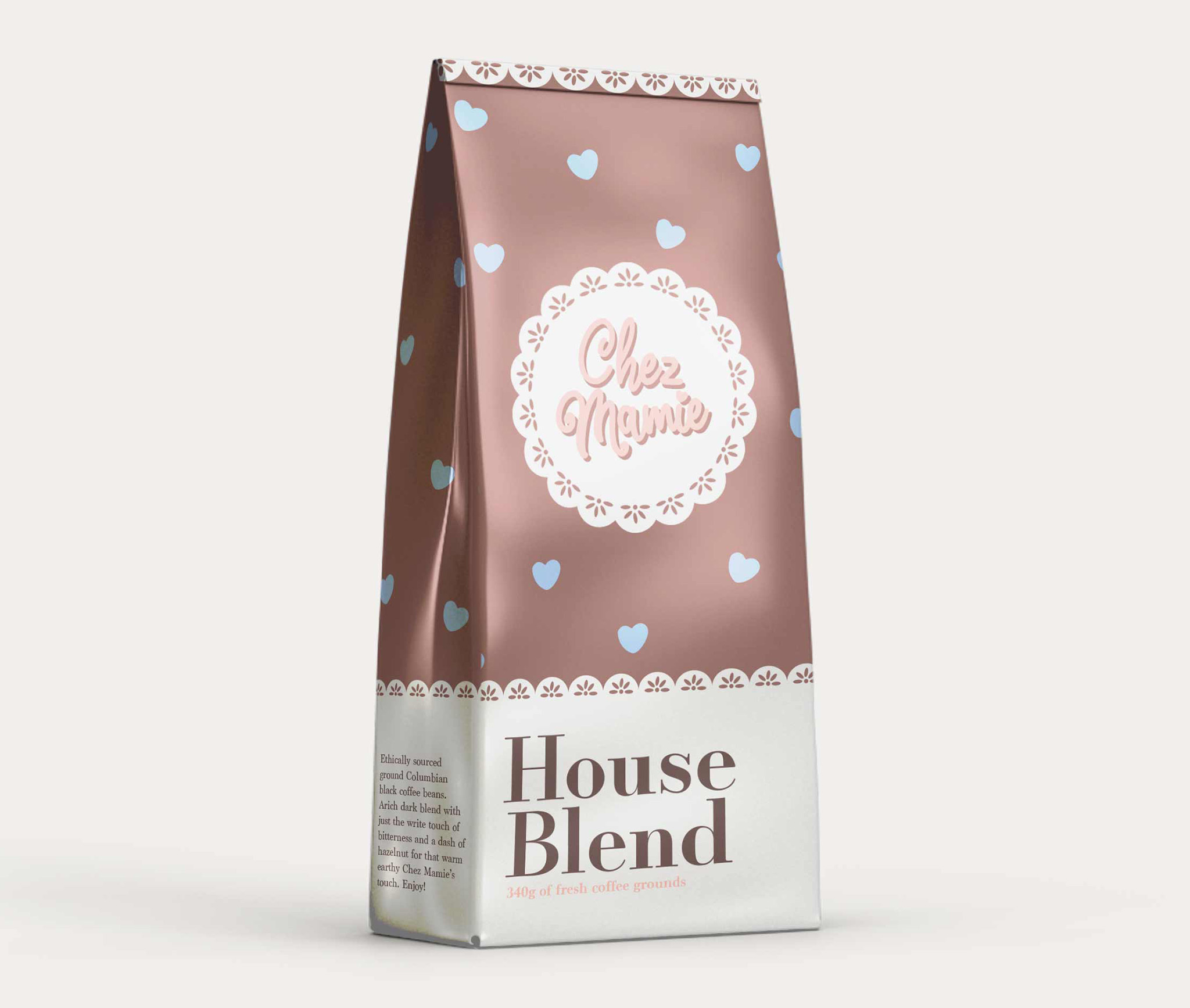 Mockup of packaging design for coffee bag or fictional company Chez Mamie. The design features a doily pattern as well as a brown background with blue hearts, the logo and the text "house Blend" on the front.