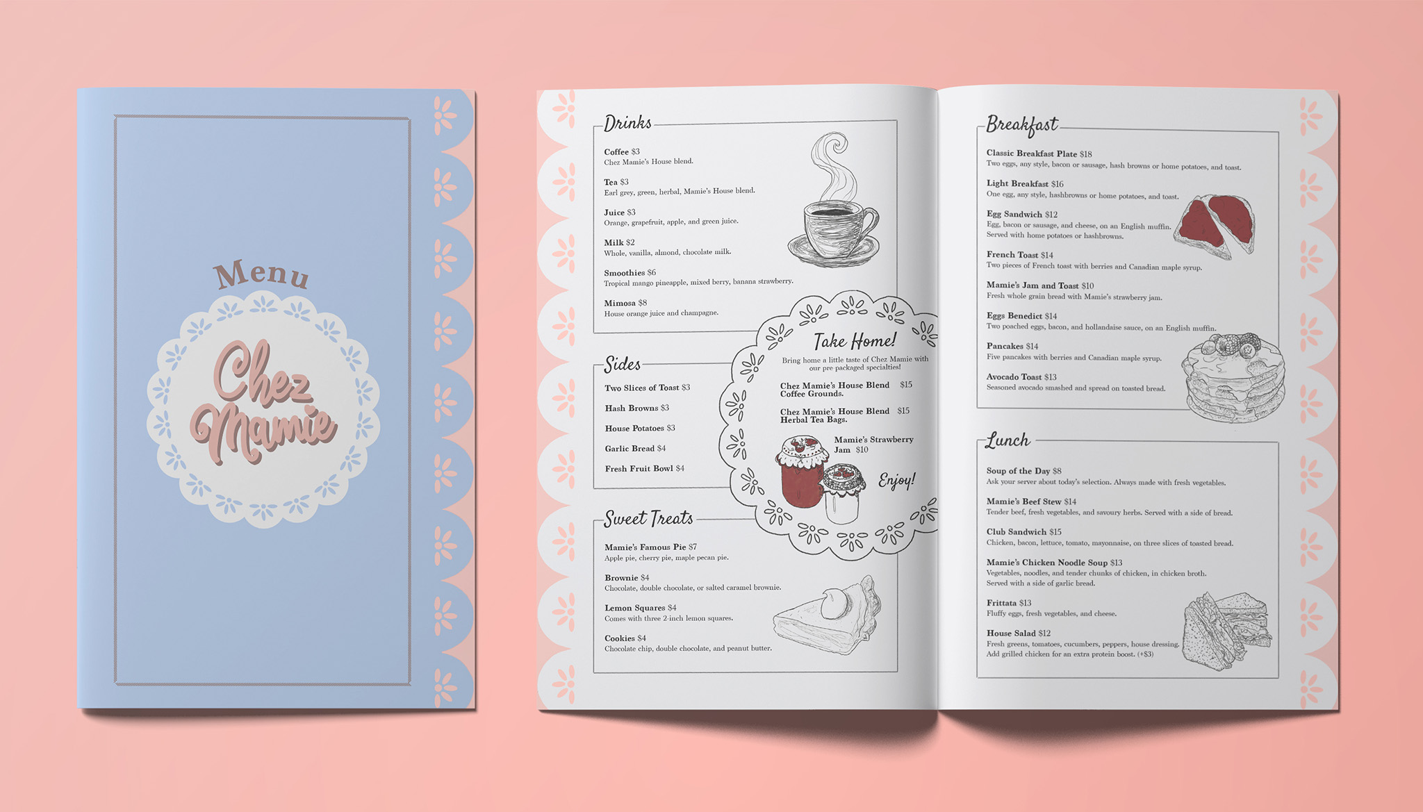 Mockup of menu design for fictional cafe Chez Mamie. Design has doily pattern edges, logo on the front with the word menu and blue cover. Inside of the menu has illustrations of food items and text.