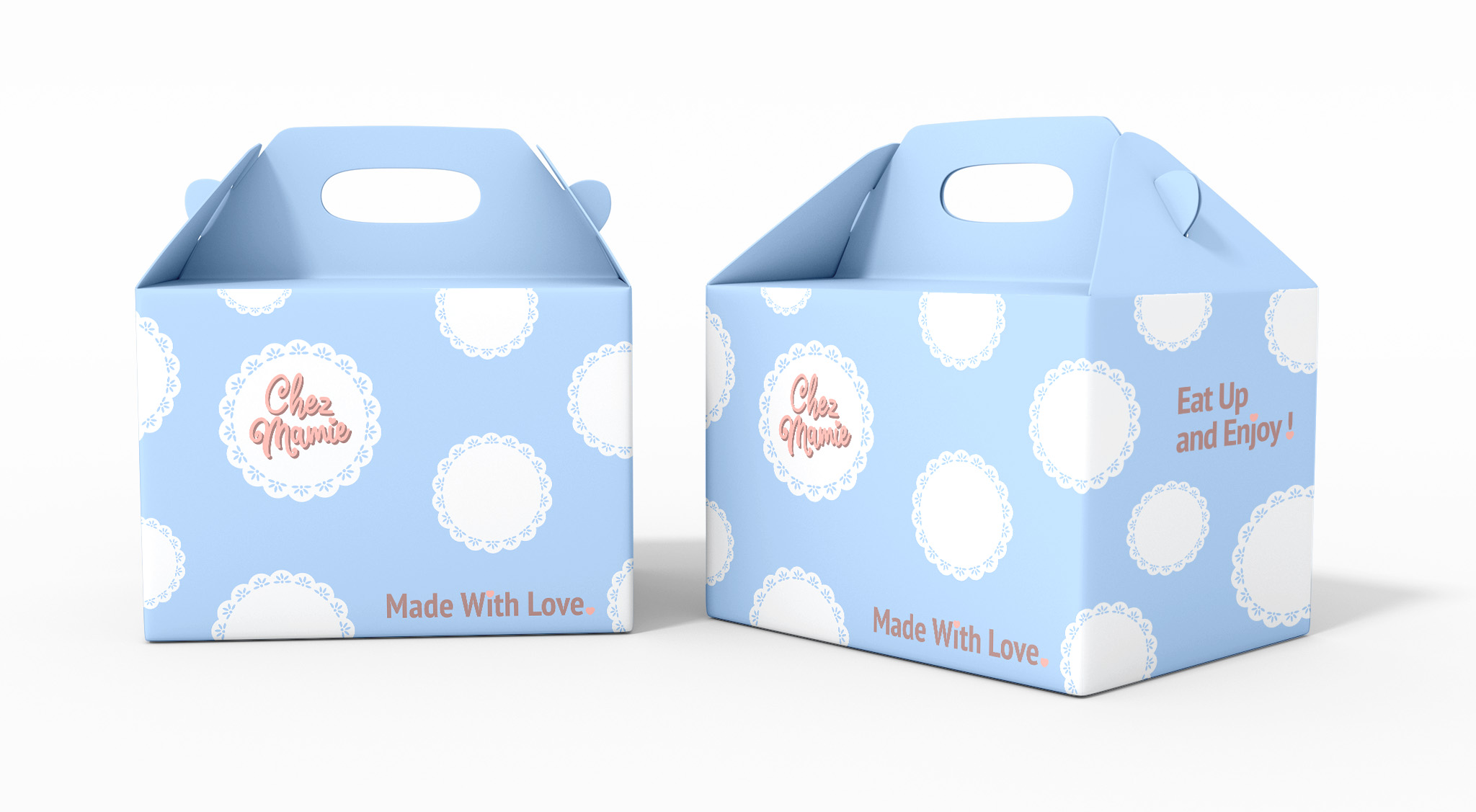Mockup of packaging design for to go box or fictional company Chez Mamie. The design features a blue background with a white doily pattern and one of the doilies is the company logo. The box also features the text "Made with love" and "Eat up and enjoy" .
