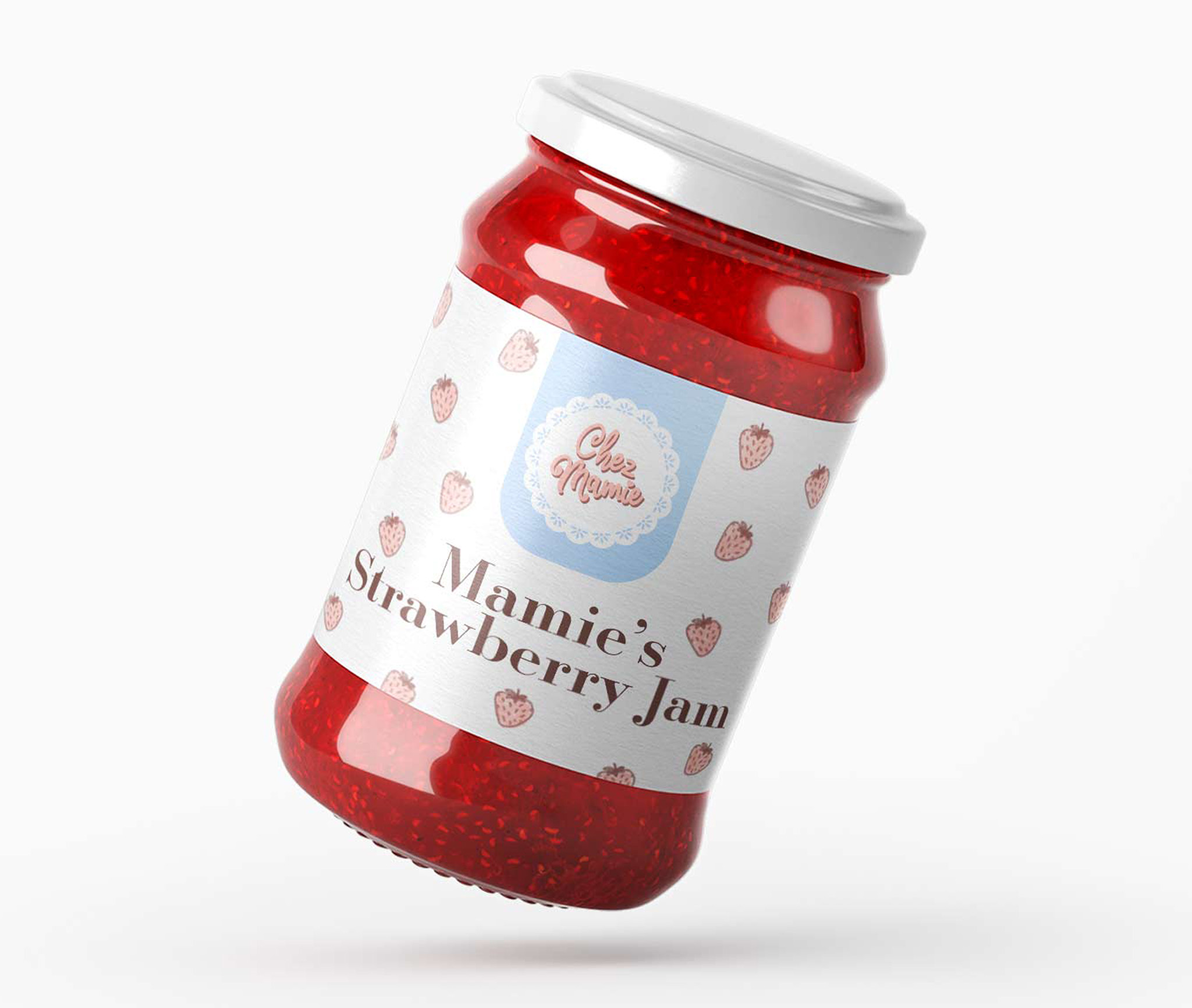 Mockup of packaging design for jam jar for fictional company Chez Mamie. The design features white label with a hand drawn strawberry pattern, the company logo and text reading "Mamie's strawberry jam".