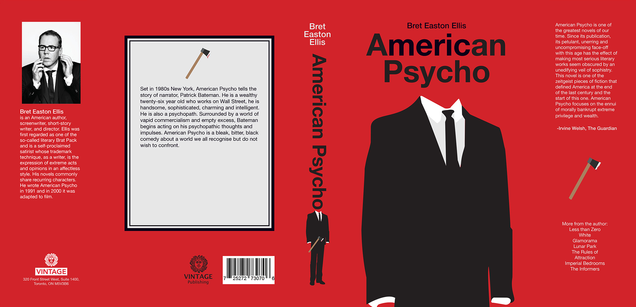 Design layout for a book cover of the book American Psycho. On the red cover there is a minimalist illustration of a suit. The spine of the book has the title and the illustration of the suit holding an axe.