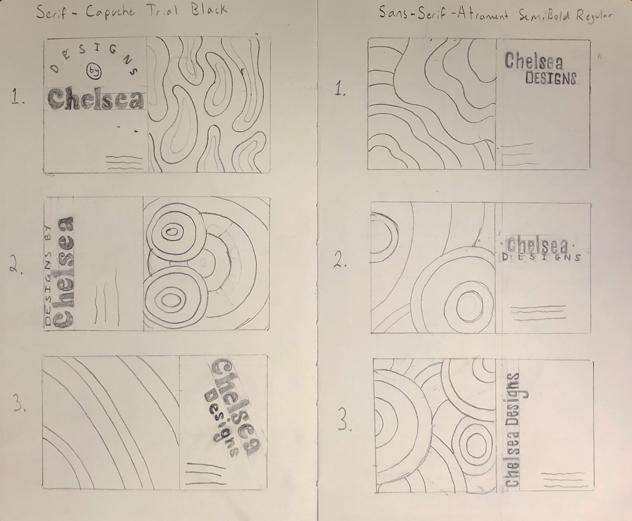 Image of 6 sketches of different business card designs for Chelsea Designs featuring organic lines and circles.