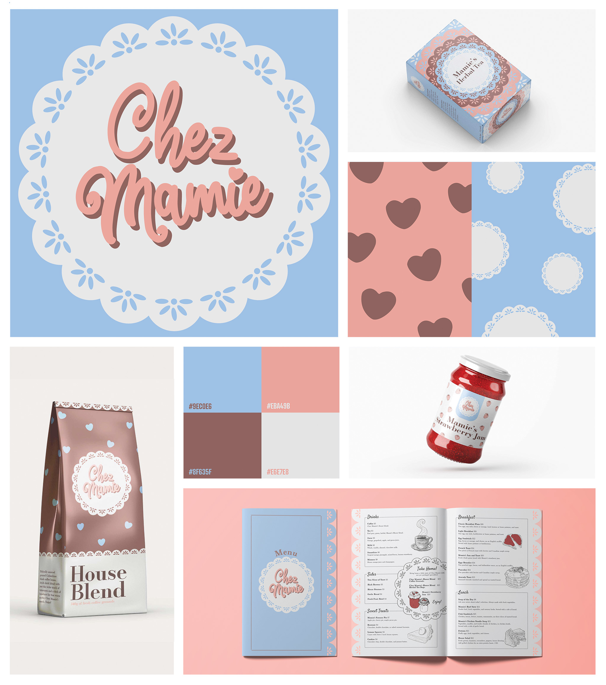 Image of a grid-style branding presentation featuring a logo, 3 examples of packaging design, some pattern, color schemes and a mockup menu for a restaurant called Chez Mamie.