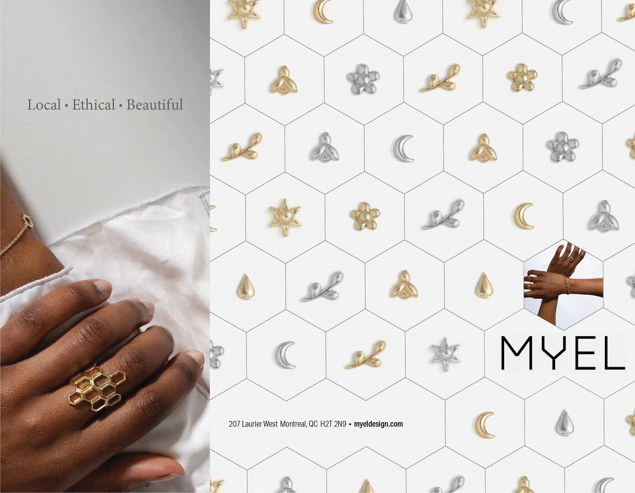 Design for one side of brochure for jewellery company Myel. The three panels feature photography of the jewellery as well as some text and a honey comb pattern with gems inside it.