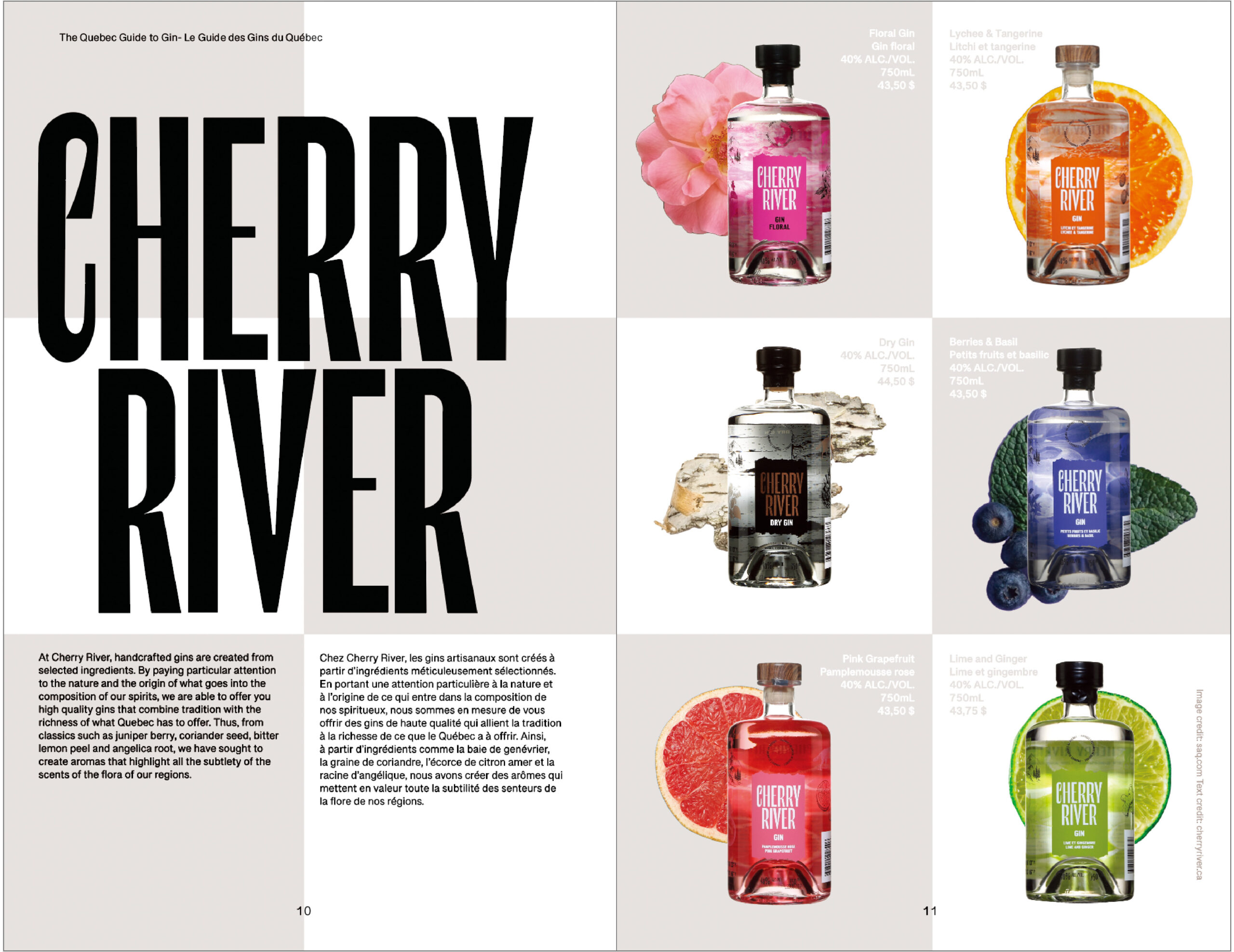 Cherry River Gin presentation layout page with large logo on left page, lightly colored checker board pattern in background and text about the company. On the right page is 6 bottles of differently flavored gins superimposed over different fruit.