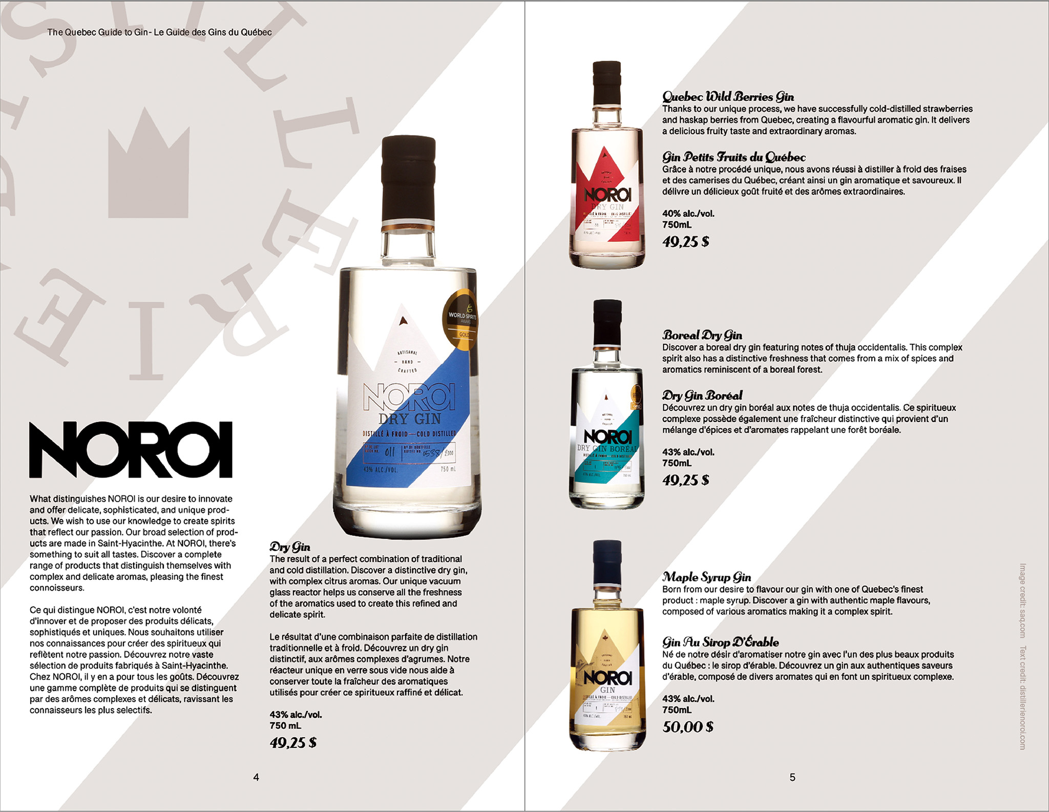 Catalog two page layout presenting Noroi Gin. Left page includes logos and description of company as well as classic gin flavor bottle with detailed description. Right page features 3 bottles of differently flavored gins with descriptions and prices. Background features diagonal lines.