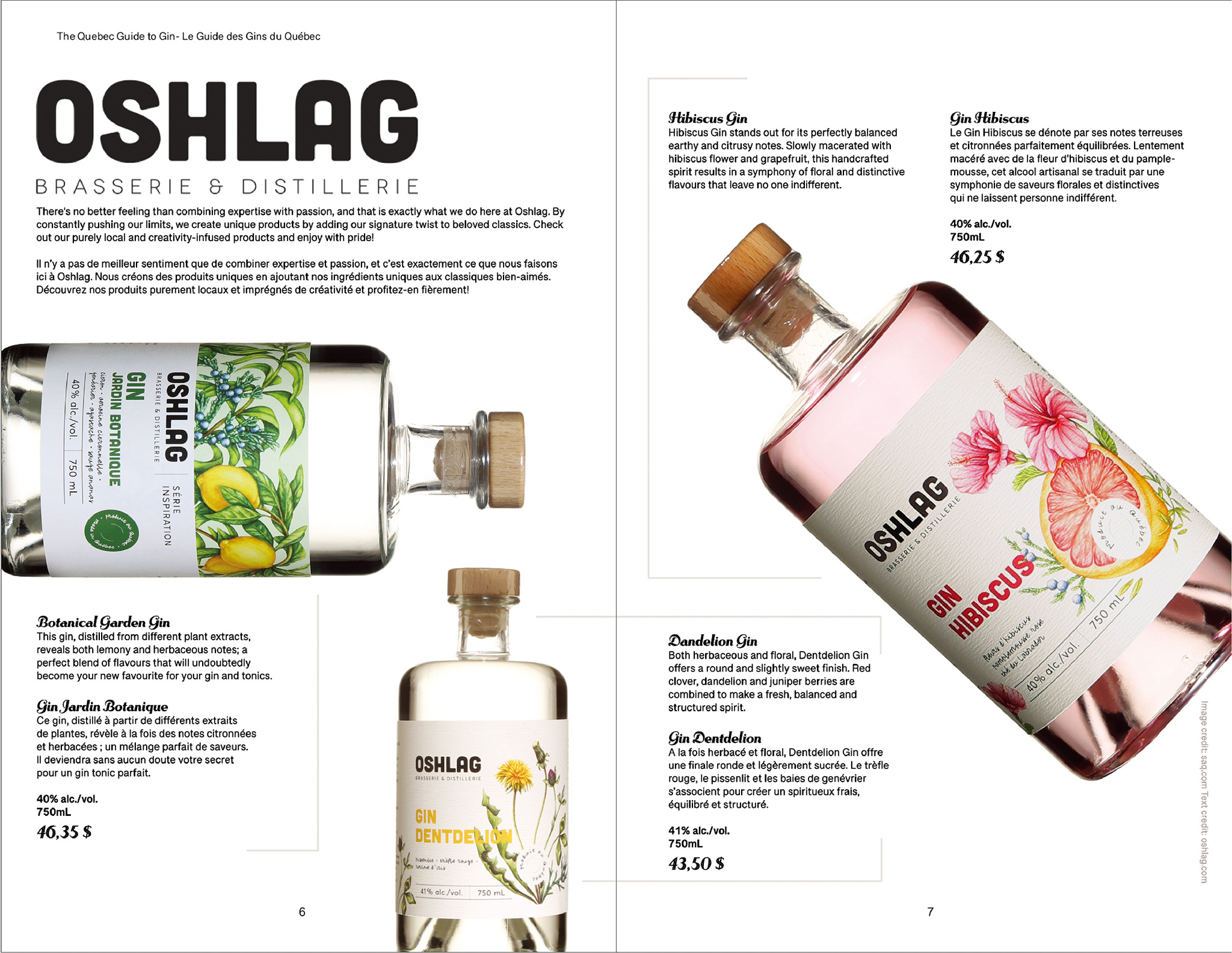 Catalog layout of two pages featuring Oshlag Gin bottles, the logo and text about the company and flavors of gin displayed.