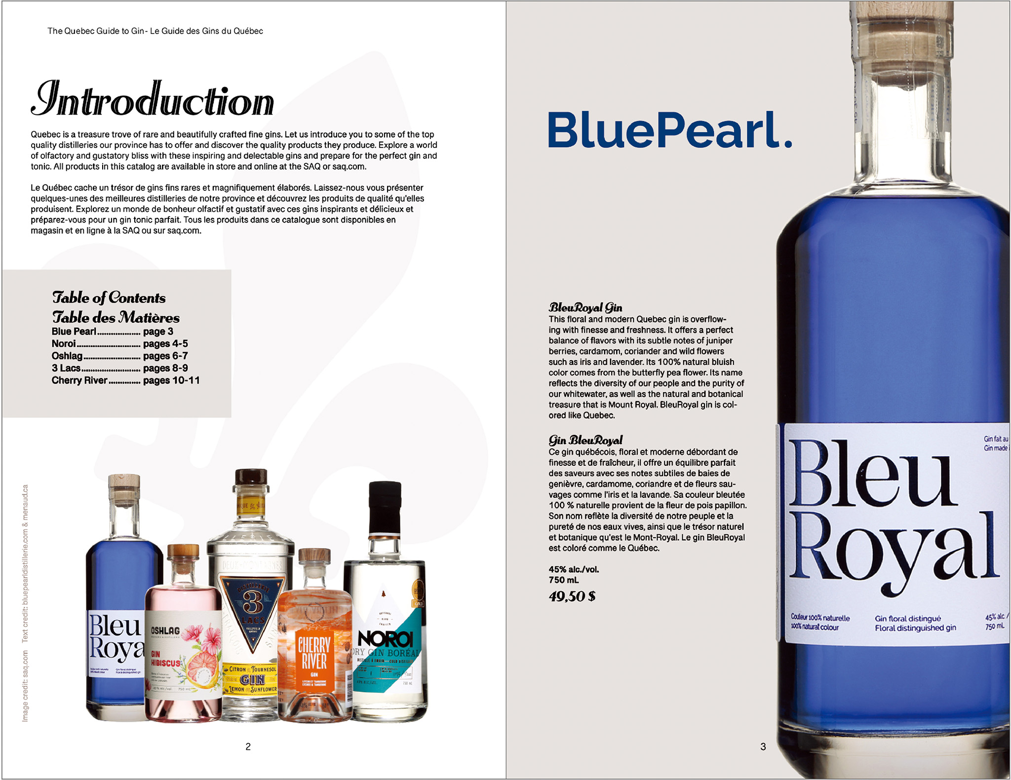 Catalog two page layout about Quebec Gin. Left page includes introduction, table of contents and a selection of different gin bottles at the bottom with a faded fleur-de-lys in the background. Right page featured a very large bottle of Bleu Royal gin and BluePearl logo as well as description and price of the gin on beige background.