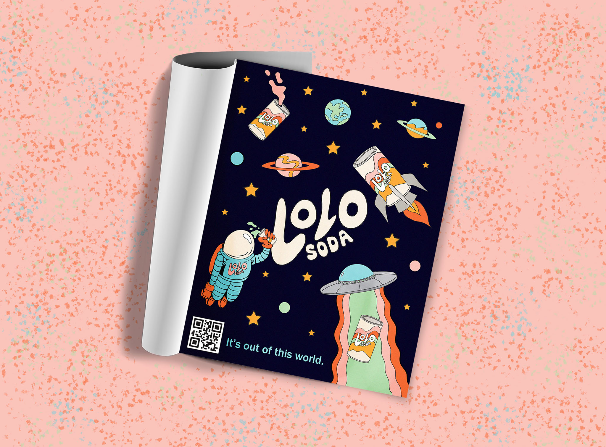Mockup of space-illustration based magazine advertisement for Lolo soda on speckled pink background.