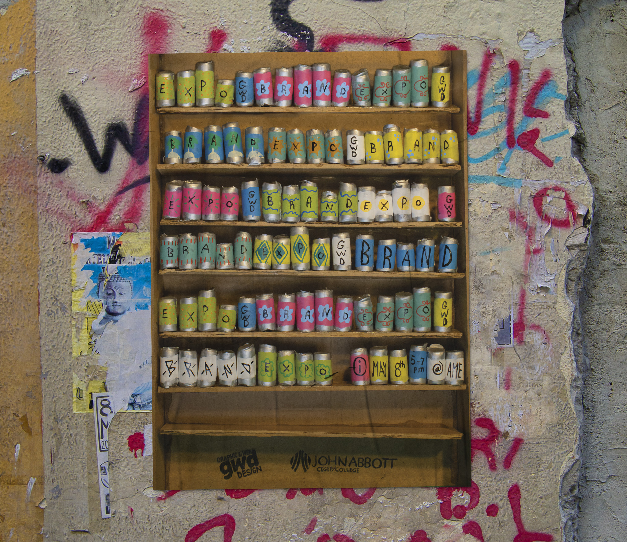 Mockup of poster on grungy wall. The poster features a photo of a miniature shelf with fake cans reading brand expo.