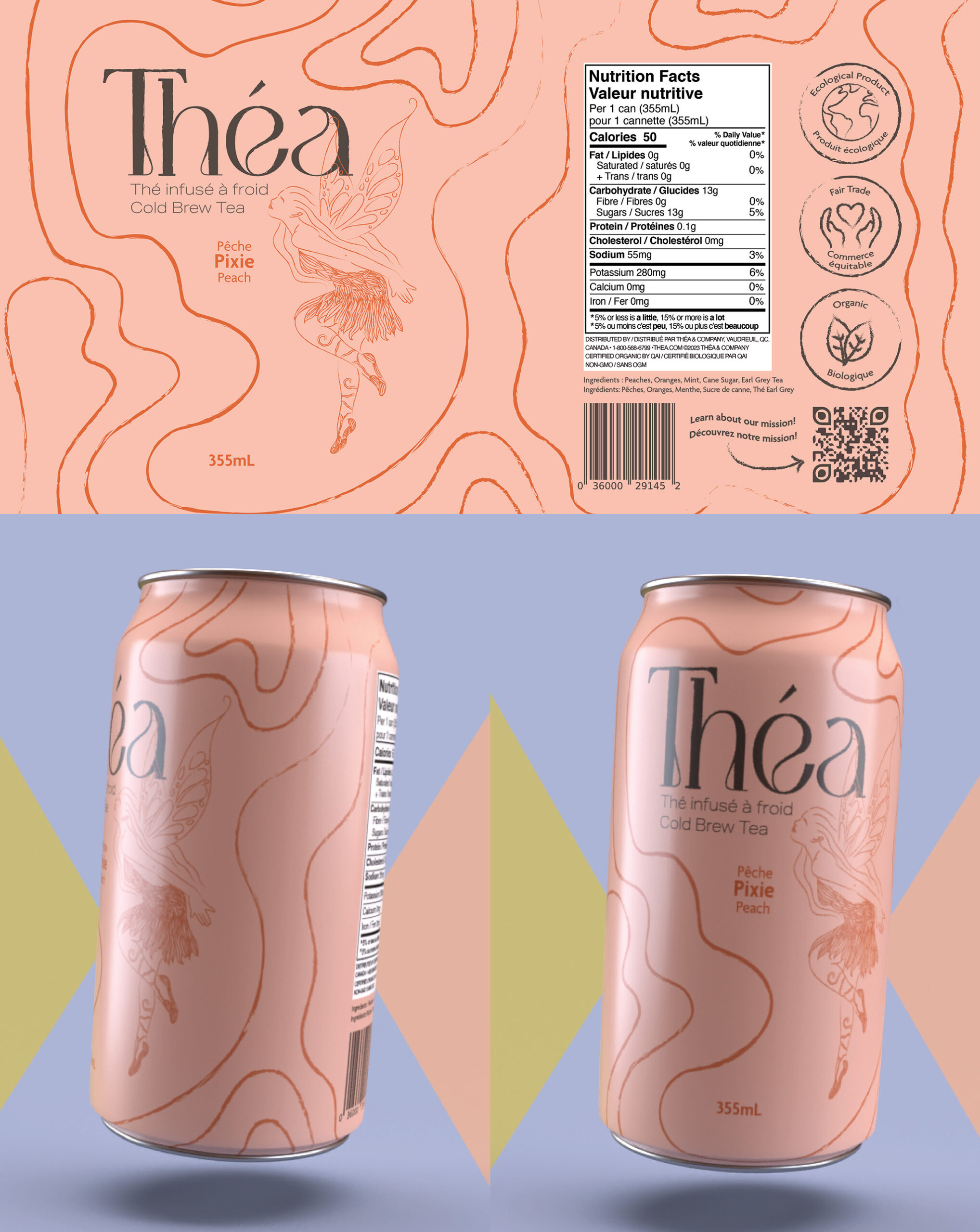 Mockup and flat design of label for peach flavoured tea in a can.