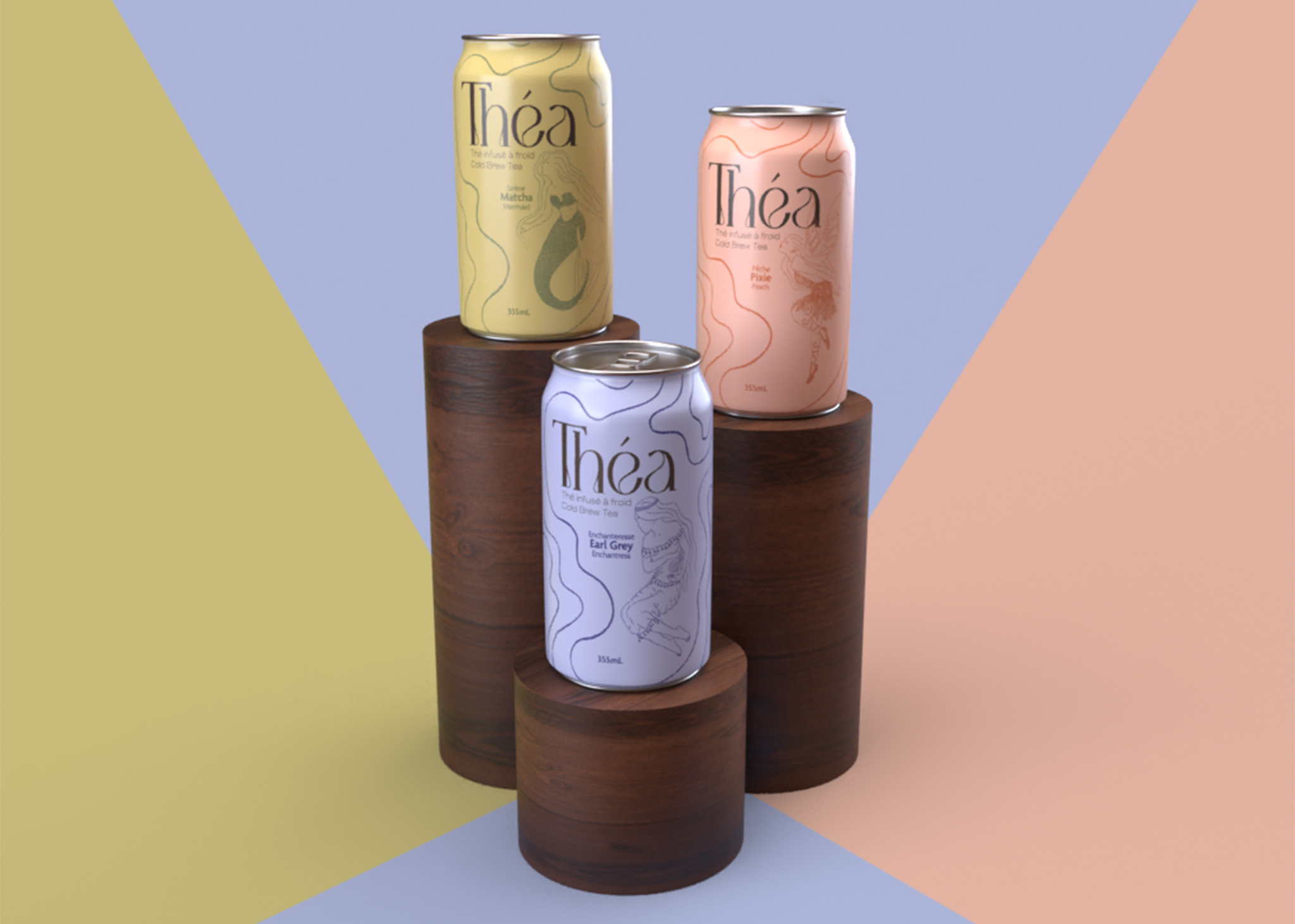 Design mockup of three cans of different flavoured teas displayed on wood stands.