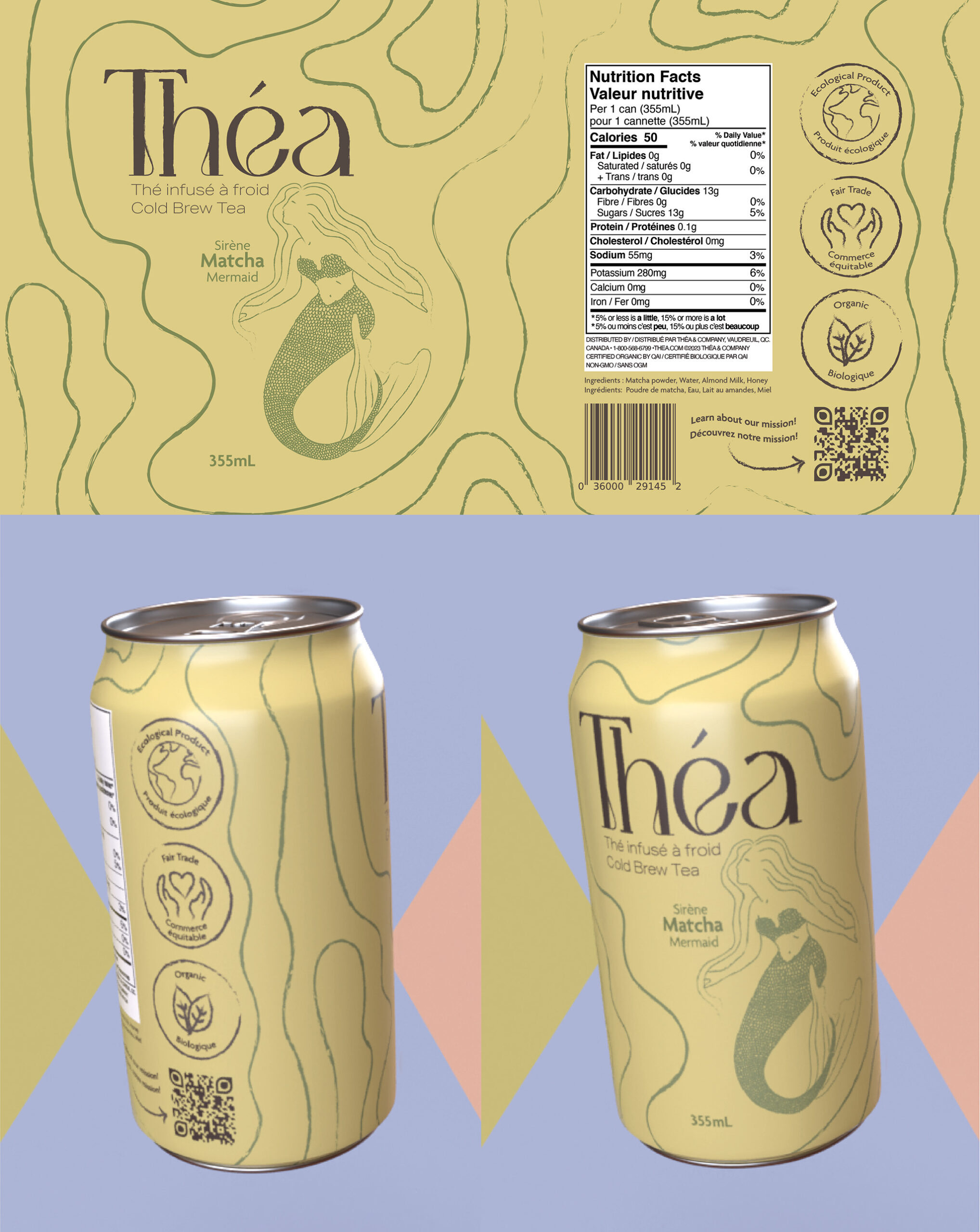 Mockup and flat design of label for matcha flavoured tea in a can.