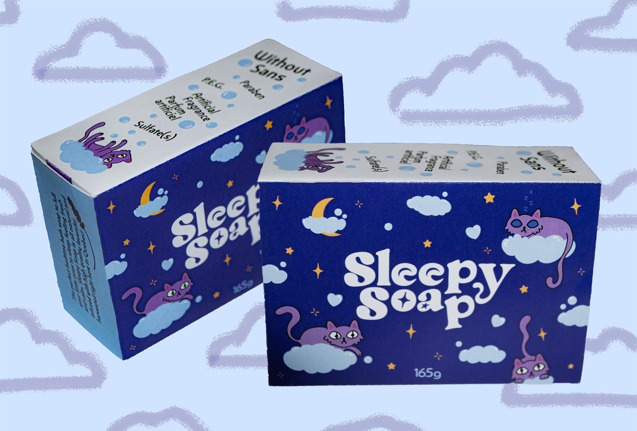 Packaging for a children's soap bar called sleepy soap displayed in front of a blue background with cloud drawings.