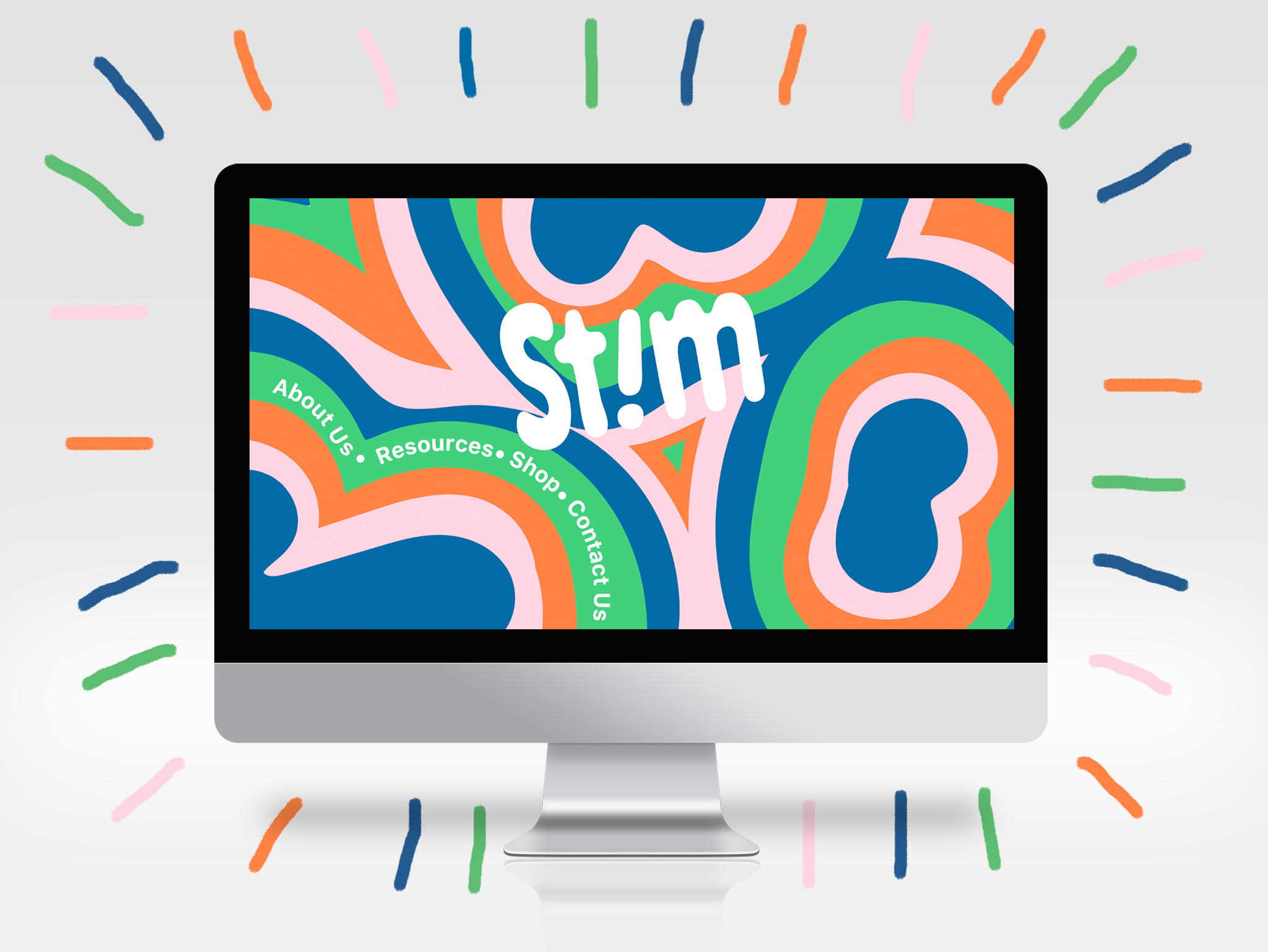 Mockup of Stim website homepage on large Imac screen with illustrated lines in the background.