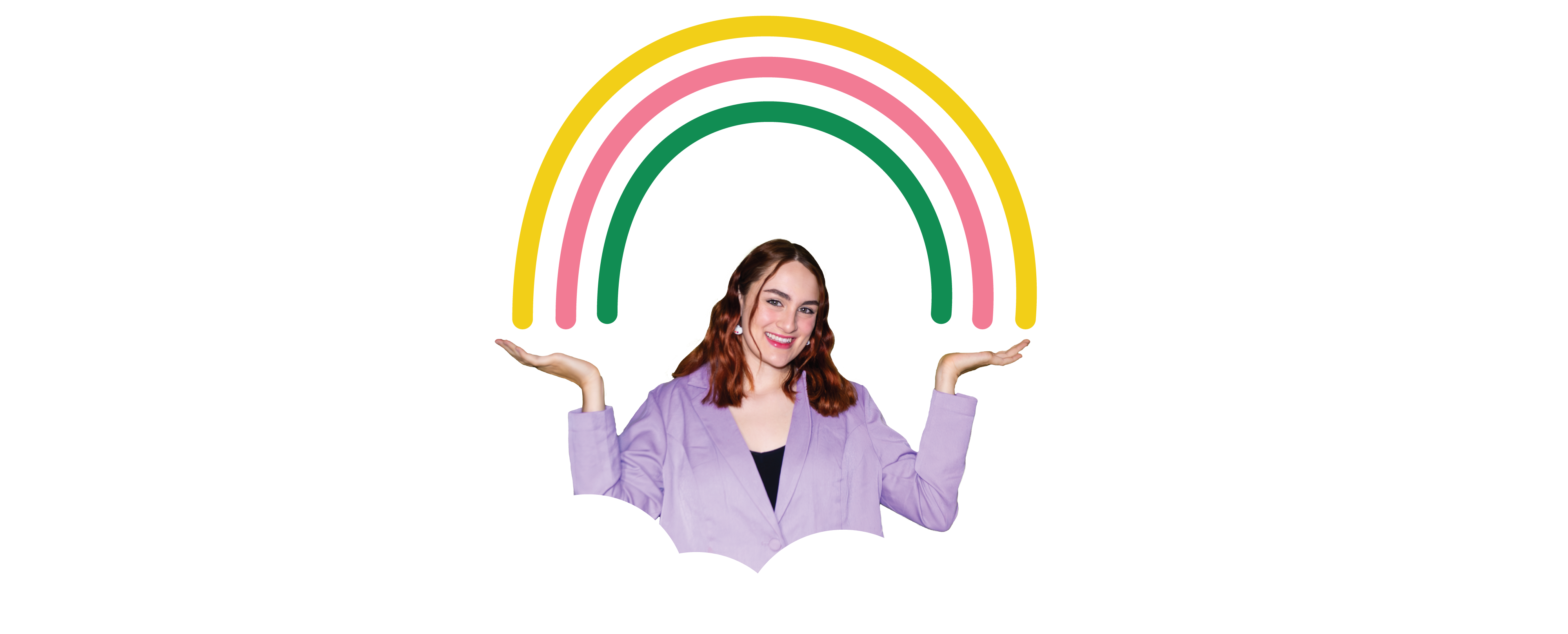 Banner Image of Chelsea holding rainbow popping out of clouds.