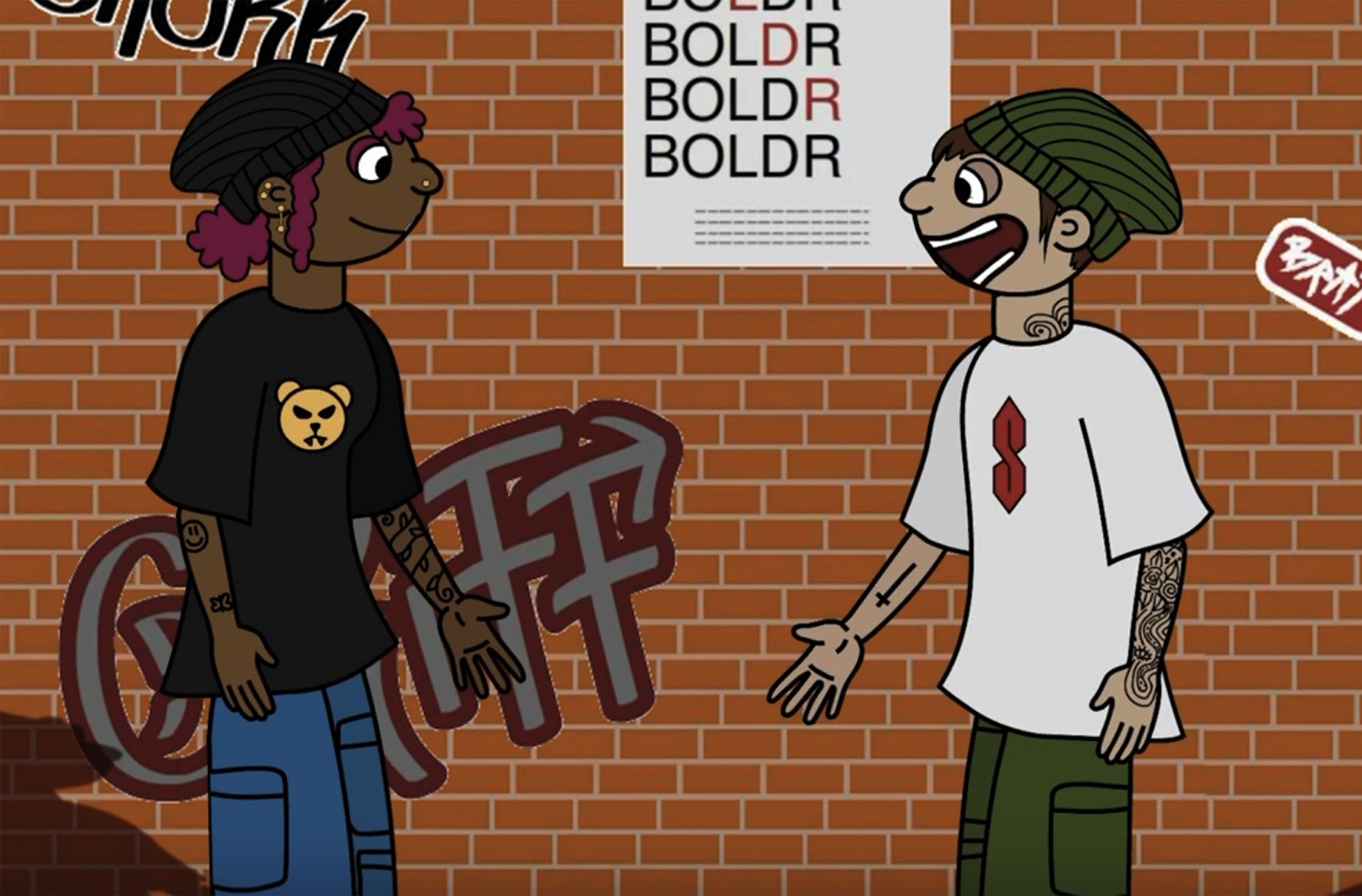Thumbnail of two animated skaters talking in front of a brick wall.